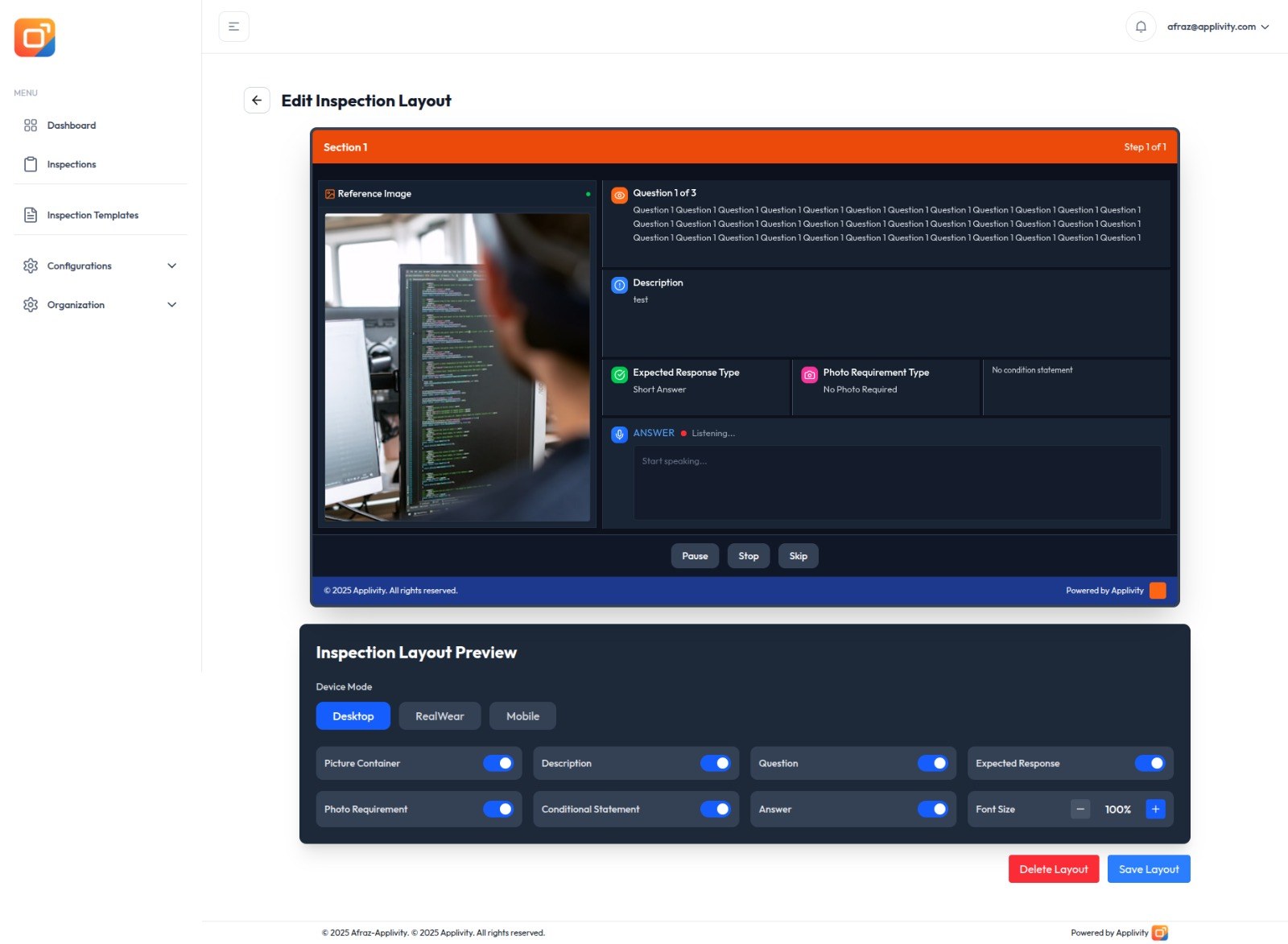 Inspection AI layout editor with live voice capture